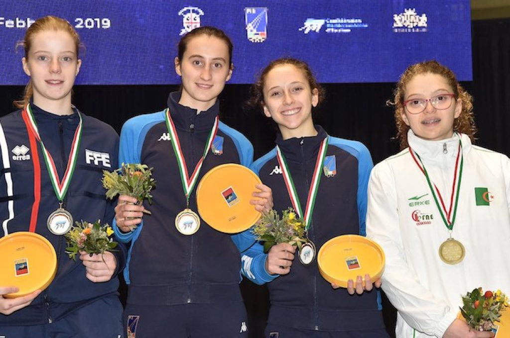 Campionati del Mediterraneo 2019 il podio da sinistra Toscane Tori FRA Carlotta Fusetti ITA Amelia Giovannelli ITA Naila Bechekor ALG
