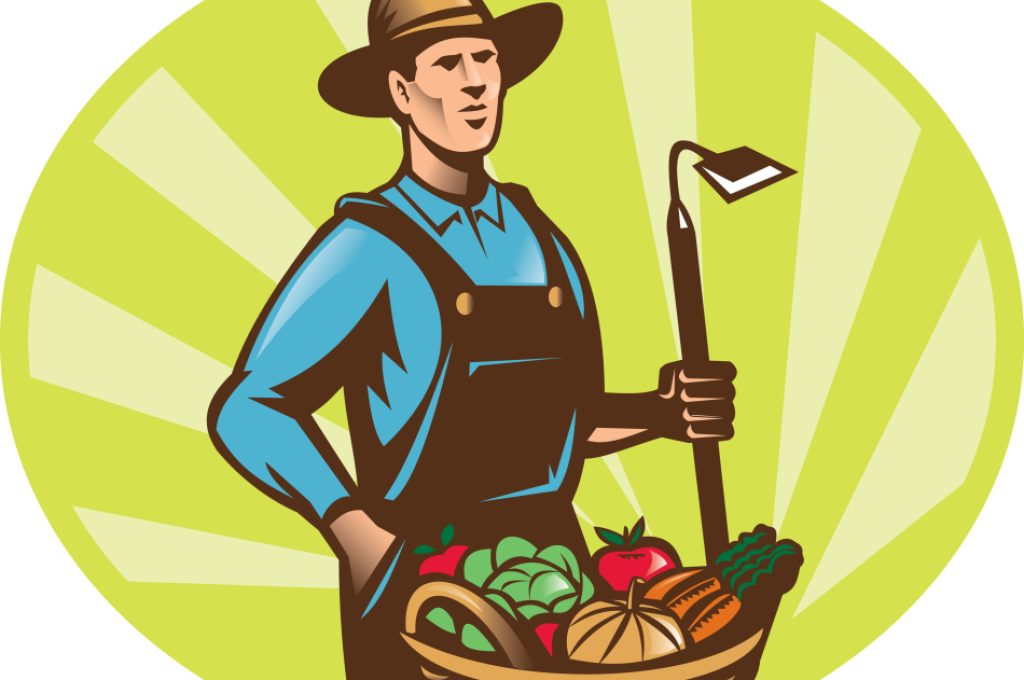 Illustration of a farmer holding a garden hoe wearing hat with basket full of vegetable fruit crop harvest done in retro woodcut style.