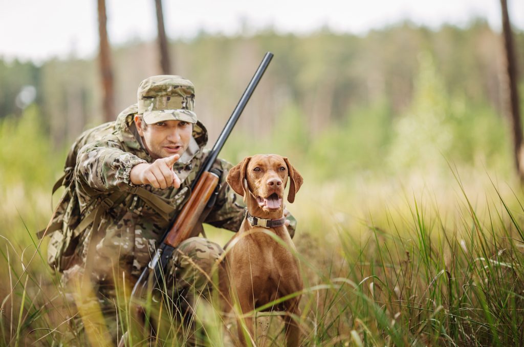 yang hunter with a dog on the forest
