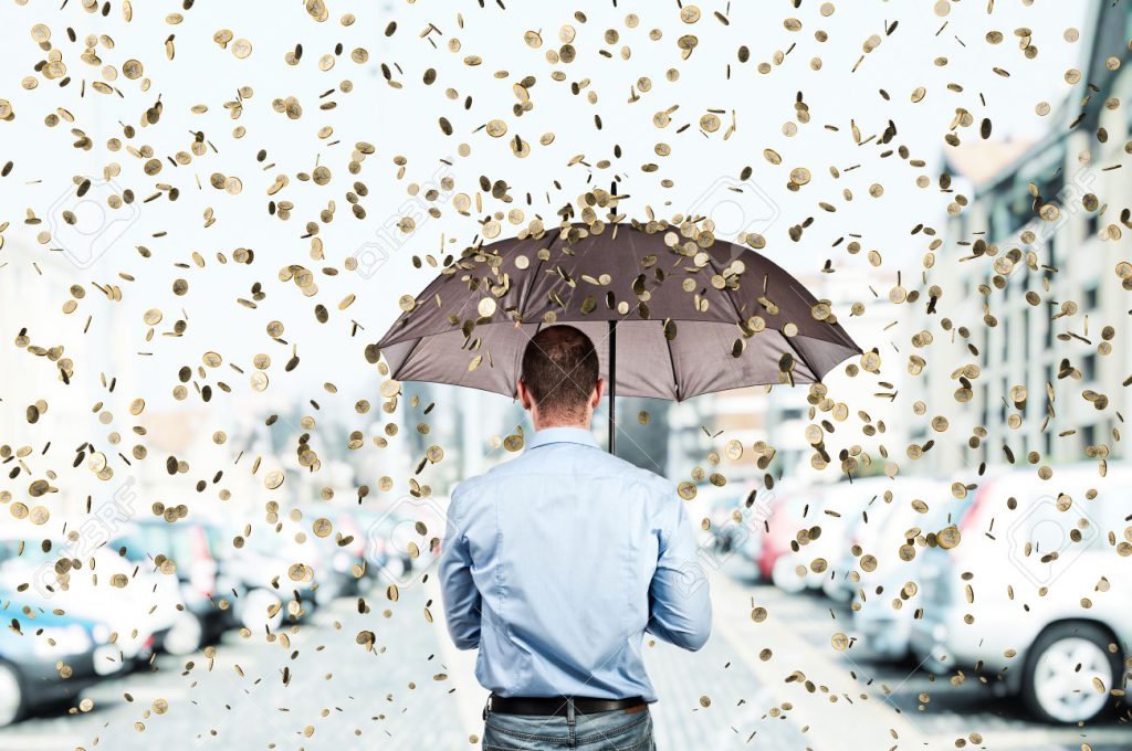 man with umbrella and euro coin rain